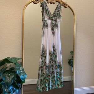Nali Collection Elegant Peacock Print Maxi Dress Size L